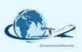Airliner flying around the planet a symbol of international air travel