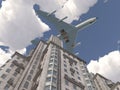 Airliner flying over a skyscraper