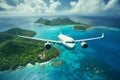 airliner flying in the sky above tropical island, travel and holidays concept Royalty Free Stock Photo