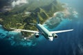 airliner flying in the sky above tropical island, travel and holidays concept Royalty Free Stock Photo