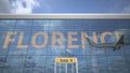 Airliner reflecting in the windows of airport terminal with FLORENCE text. 3d rendering