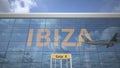 Plane reflects in the airport terminal with IBIZA city name. 3d rendering