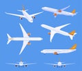 Airliner set vector illustration. Collection flying airplane side, front back view transportation