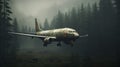 Airliner Soaring Through A Post-apocalyptic Fog-filled Forest
