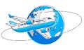 Airlines air travel emblem or illustration with plane airliner and planet earth. Beautiful thin line vector isolated over white