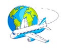 Airlines air travel emblem or illustration with plane airliner and planet earth. Beautiful thin line vector isolated over white