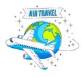 Airlines air travel emblem or illustration with plane airliner, planet earth and ribbon with typing. Beautiful thin line vector