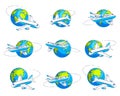 Airlines air travel emblems or illustrations with plane airliner and planet earth. Beautiful thin line vectors set isolated over