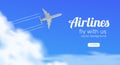 Airlines travel banner. airplane flying in blue sky bottom view