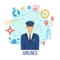Airlines travel concept icons set with pilot.
