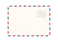 Airmail envelope frame with postage stamps. Vintage air mail postcard back template with diagonal blue and red stripes Royalty Free Stock Photo