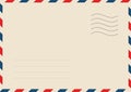 Airmail envelope frame with postage stamps. Vintage air mail postcard back template with diagonal blue and red stripes Royalty Free Stock Photo