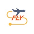 Airoplane logotype with yellow flight route vector illustration. Isolated simple plane logo with text on white background