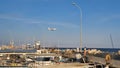 An airoplane over the fishing port of Larnaca Royalty Free Stock Photo