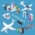 Airoport isometric set with waiting area, snack bar, check-in desk, arplanes vector illustration