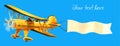 Airplane with advertising. ellow biplane with white ribbon in the blue sky Royalty Free Stock Photo