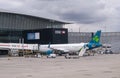 Airplane from Aer Lingus at London Heathrow airport in London. Aircraft is prepared for departure.