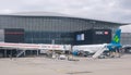 Airplane from Aer Lingus at London Heathrow airport in London. Aircraft is prepared for departure.