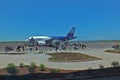 Airplane air company LAN disembarking at the airport Galapagos islands