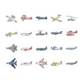 airplane aircraft plane travel icons set vector Royalty Free Stock Photo