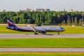 Airplane at the airport. The movement of the aircraft. . The plane goes to the airport. Russia, St. Petersburg Pulkovo Airport,