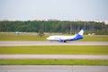 Airplane at the airport. The movement of the aircraft. . The plane goes to the airport. Russia, St. Petersburg Pulkovo Airport,