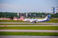 Airplane at the airport. The movement of the aircraft. . The plane goes to the airport. Russia, St. Petersburg Pulkovo Airport,