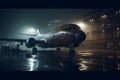 Airplane at the airport at night in the rain. Neural network AI generated