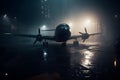 Airplane at the airport at night in the rain. Neural network AI generated