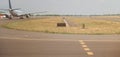 Airplane in airport runway Royalty Free Stock Photo