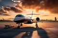 Airplane in the airport at sunset. Business travel and transportation concept, A business jet on the airport runway, AI Generated Royalty Free Stock Photo