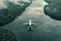 Airplane Approaching Lake Reflection Aerial View Royalty Free Stock Photo