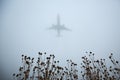 Airplane approaching for landing during gloomy autumn day