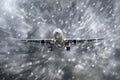 Airplane approaching on a landing in snowstorm bad weather. Royalty Free Stock Photo