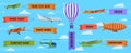 Airplane With Banners. Planes, Biplane, Hot Air Balloon And Airship With Advertising Banners. Flying Vehicles With Ad