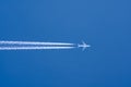 Airplane big two engines aviation airport contrail clouds. Travel trip concept. Royalty Free Stock Photo