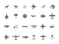 Airplane black icons. Jet aircraft military forces and civil aviation travel vector symbols Royalty Free Stock Photo