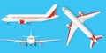 Airplane on blue background in different point of view. Airliner in top, side, front view. Flat style