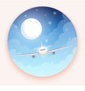 Airplane on blue background with moon and stars. A flying plane in night sky. Landing illustration. Travel by airplane Royalty Free Stock Photo