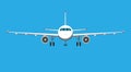 Airplane on blue background. Plane flying in the sky. Front view. Royalty Free Stock Photo