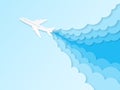 Airplane in blue sky. Flight plane in origami style, aviation tourism. Summer travelling paper cut vector transportation