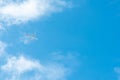 Airplane on blue sky and white clouds. Commercial airline flying on blue sky. Travel flight for vacation. Aviation transport. Royalty Free Stock Photo