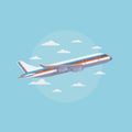 Airplane in blue sky with white clouds. Traveling and air freight vector concept Royalty Free Stock Photo