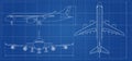 Airplane blueprint. Outline aircraft on blue background. Vector illustration