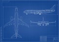 Airplane Blueprint. White Outline Aircraft On Blue