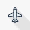 Airplane, boeing plane, travel thin line flat color icon. Linear vector symbol. Colorful long shadow design.