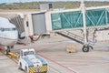 Jetway waiting for a plane to arrive on airport.airport terminal boarding gate. Travel Concept.