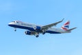 Airplane British Airways G-LCYP Embraer ERJ-190British Airways CityFlyer is landing at Schiphol airport.