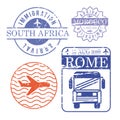 Airplane and bus travel stamps south africa morocco and rome in colorful silhouette