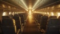 Airplane cabin interior. Airline passenger chairs and aisle in airplane cabin Generative AI Royalty Free Stock Photo